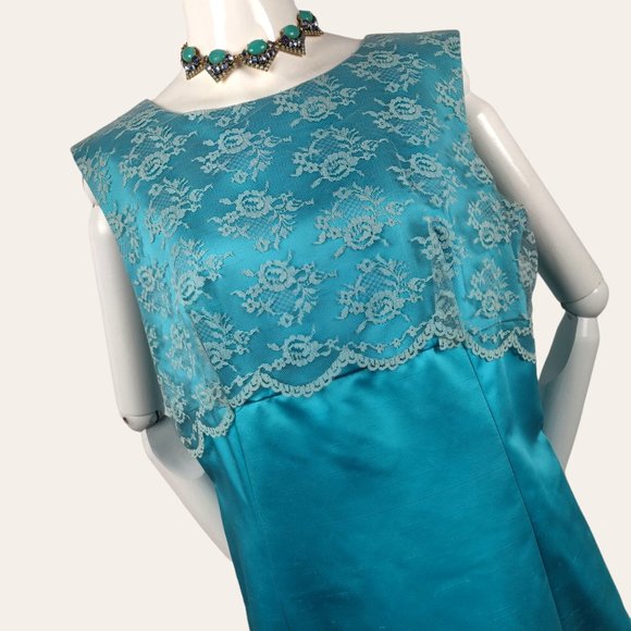 Vintage 1960s MOD Aqua Cocktail Dress Party Gown Lace Bodice Turquoise Satin M - Picture 3 of 13
